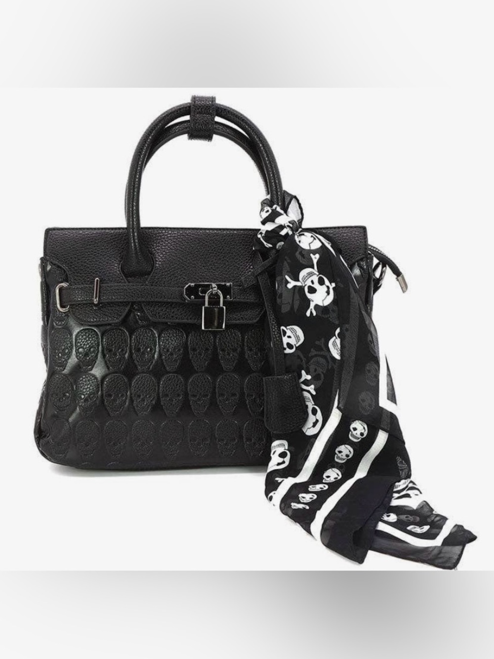Black Skull-Embossed Leather Tote with Skull Scarf